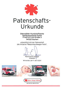 Zertifikat über Patenschaft für den Baby-Notarztwagen „Felix“ der Björn Steiger Stiftung