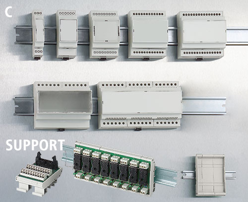 Contenitori modulari per guida DIN e supporti per supporti modulari