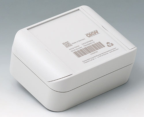 ASA+PC-FR (UL 94 V-0) 材质的 SMART-BOX 玲珑机盒, 浅灰色、带激光打印图文
